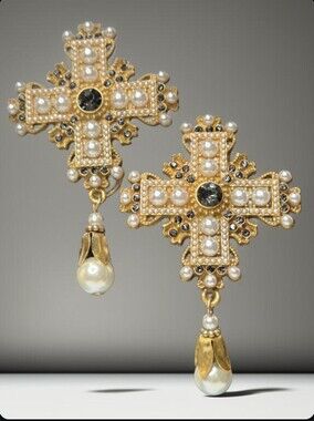Antique Gold Maltese Cross Drippy Pearl Crystal Statement Earrings